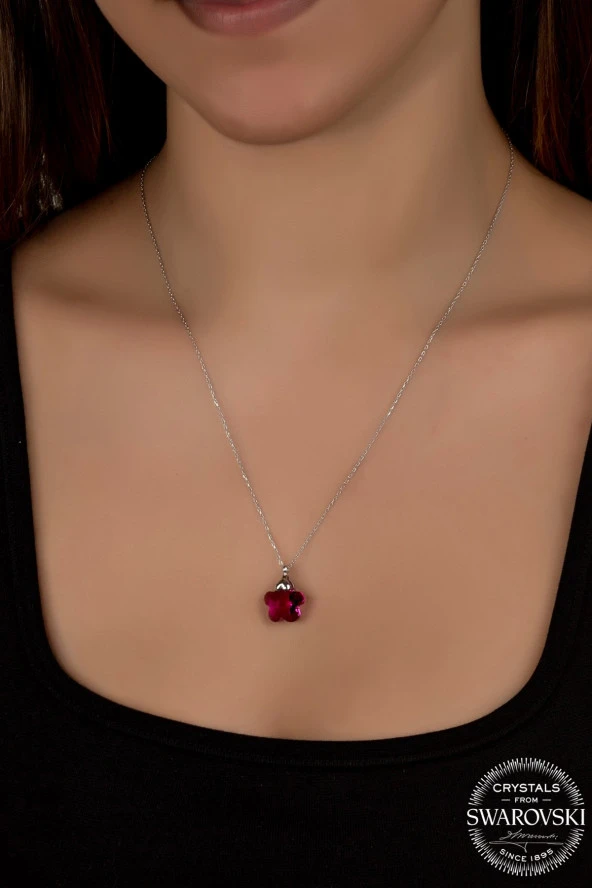 Swarovski Crystal Kadın Fushia Papatya Gümüş Kolye - 2