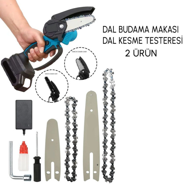 Prohummer PH101 2Li Set 58 Vf 5 Ah Çift Akülü Çelik Şanzıman Şarjlı Dal Budama ve Testeresi (Mavi) - 2
