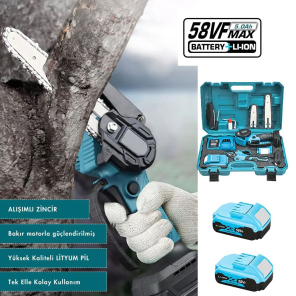Prohummer PH101 2Li Set 58 Vf 5 Ah Çift Akülü Çelik Şanzıman Şarjlı Dal Budama ve Testeresi (Mavi) - 3
