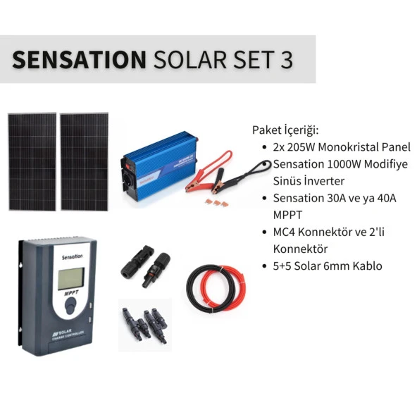 Sensation Solar Set Paket 3 (Karavan,Bağ Evi) Monokristal Güneş Paneli-Mppt-İnverter Modifiye Sinüs