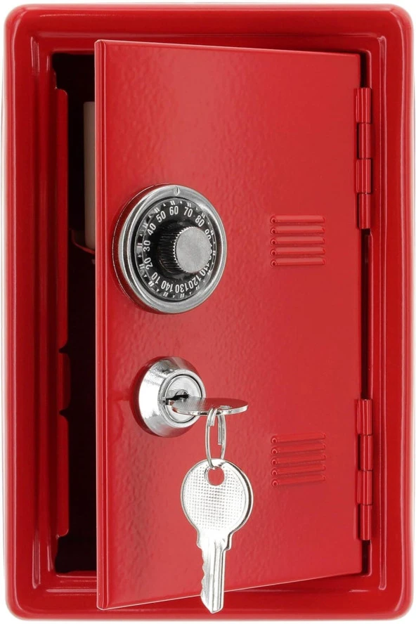STAXX Büyük Boy Kilitli Kasa Kumbara Anahtarlı Mini Metal Para Kasası 18x12x10cm Dekoratif Kırmızı