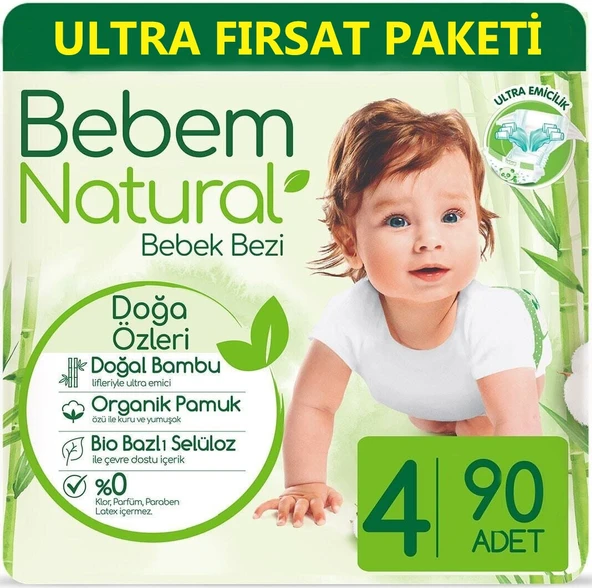 Bebem Bebek Bezi Natural Beden:4 (7-14KG) Maxi 104 Adet Ultra Fırsat Pk