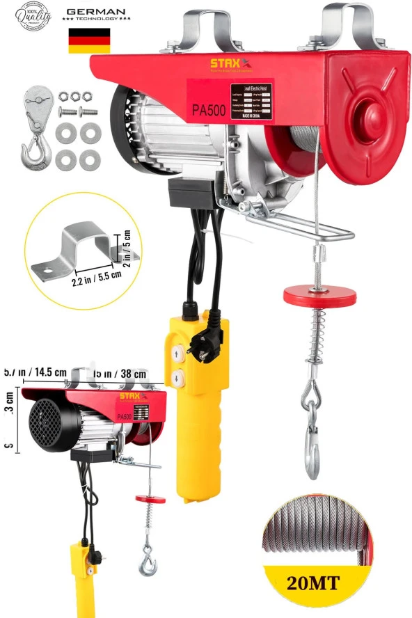 STAXX Elektrikli Motorlu Vinç Caraskal 250/500 Kg 220v 20m Halat Zincir Kaldırma Makinesi Kumandalı