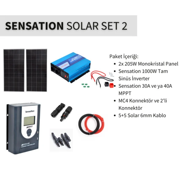 Sensation Solar Set Paket 2 (Karavan, Bağ Evi) Monokristal Güneş Paneli-Mppt-İnverter Tam Sinüs