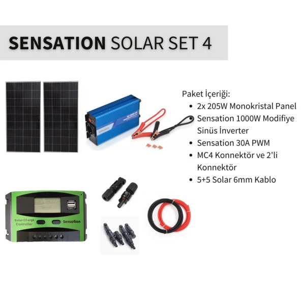 Sensation Solar Set Paket 4 (Karavan, Bağ Evi) Monokristal Güneş Paneli-Pwm-İnverter Modifiye Sinüs