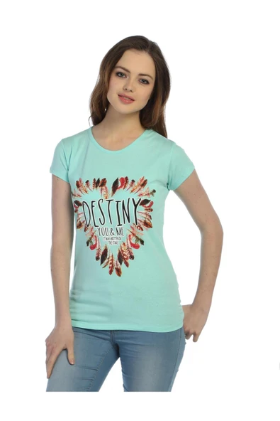 TS2016003 -1 - Mint Bayan Kalp Baskılı T-Shirt