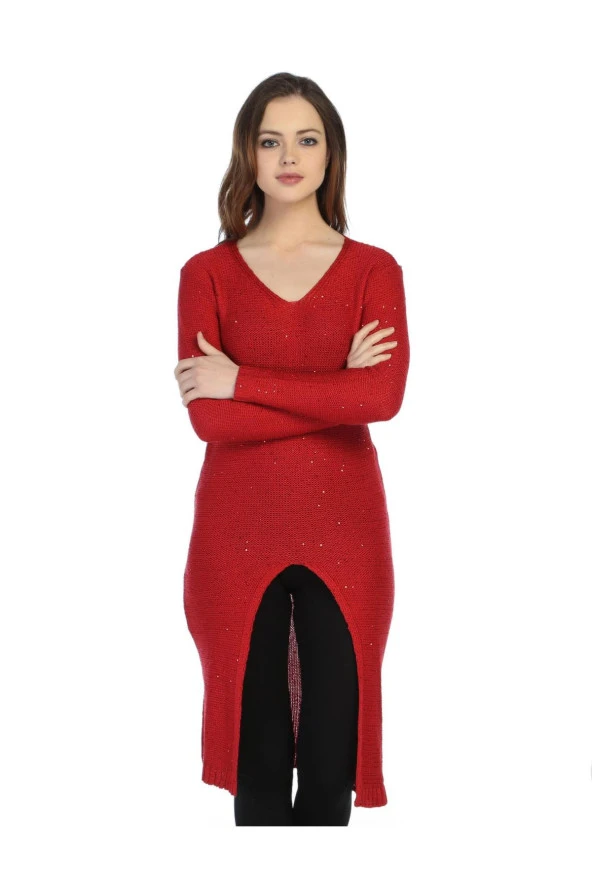 kis2016171 -1 - Kırmızı Triko Bayan Uzun Tunik