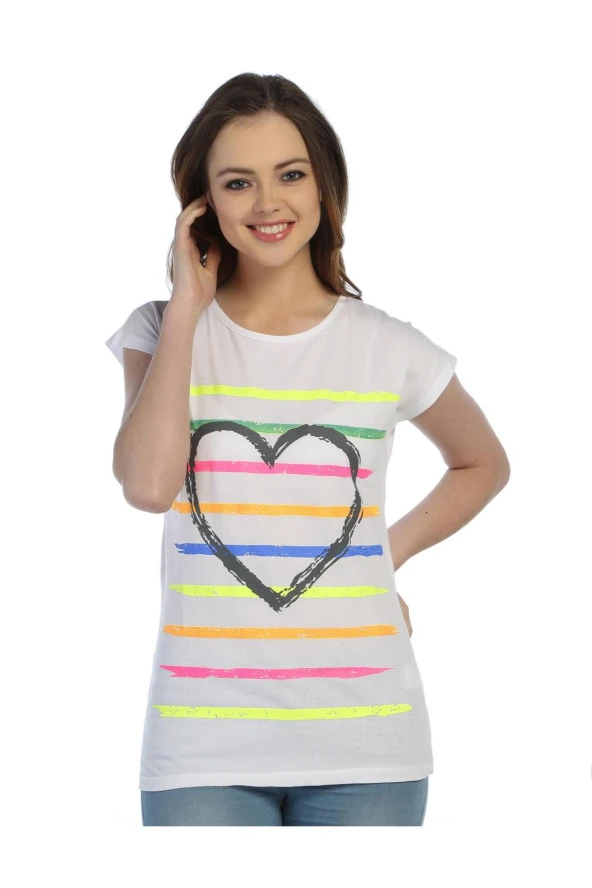 TS2016001 -1 - Beyaz Bayan Kalpli Çizgili T-Shirt