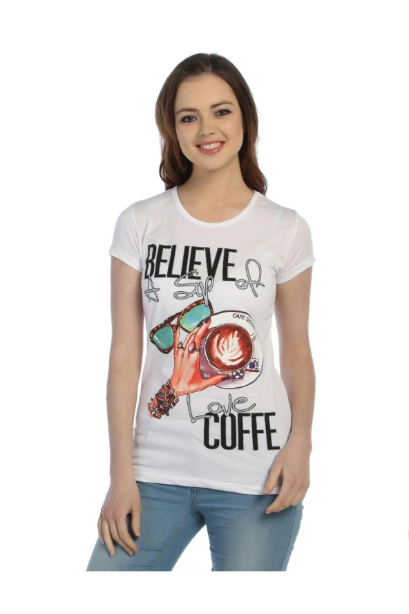 TS2016016 -1 - Beyaz Bayan Kahve Fincanı Desenli,Baskılı T-Shirt