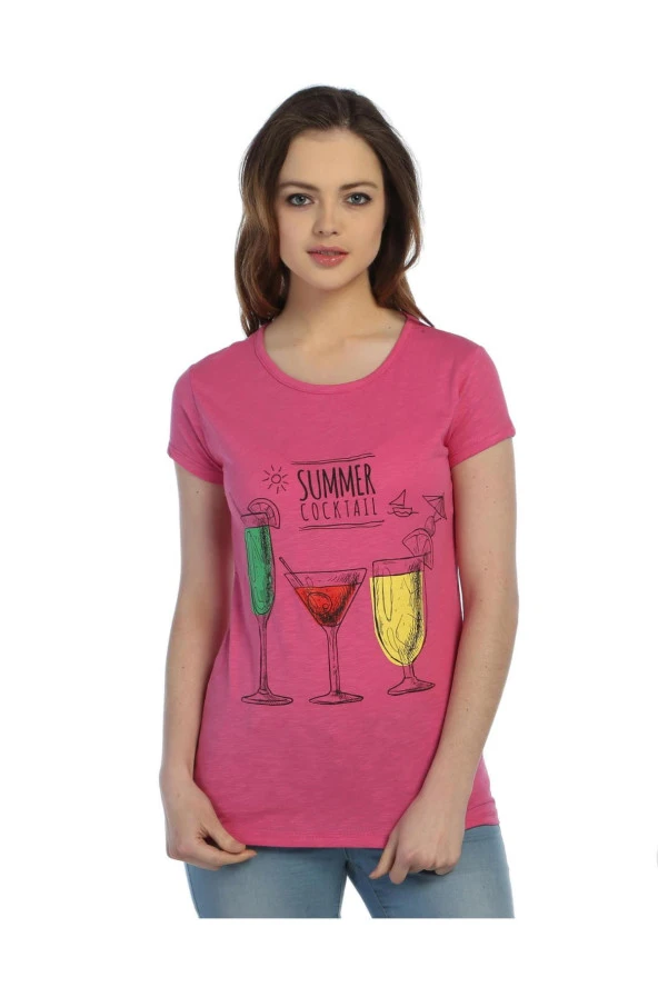 TS2016020 -1 - Pembe Bayan Summer Kokteyl Desenli Baskılı T-Shirt