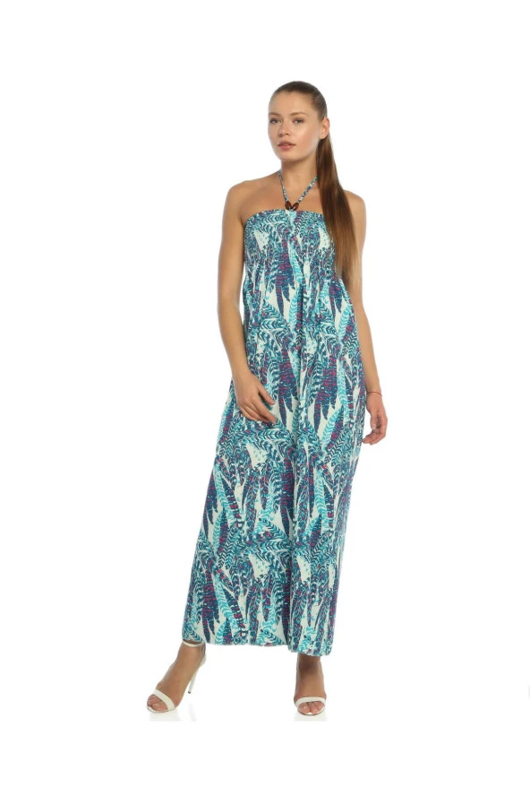 Yaz047 -1 - Mavi Ip Askılı Palmiye Desenli Bayan Elbise
