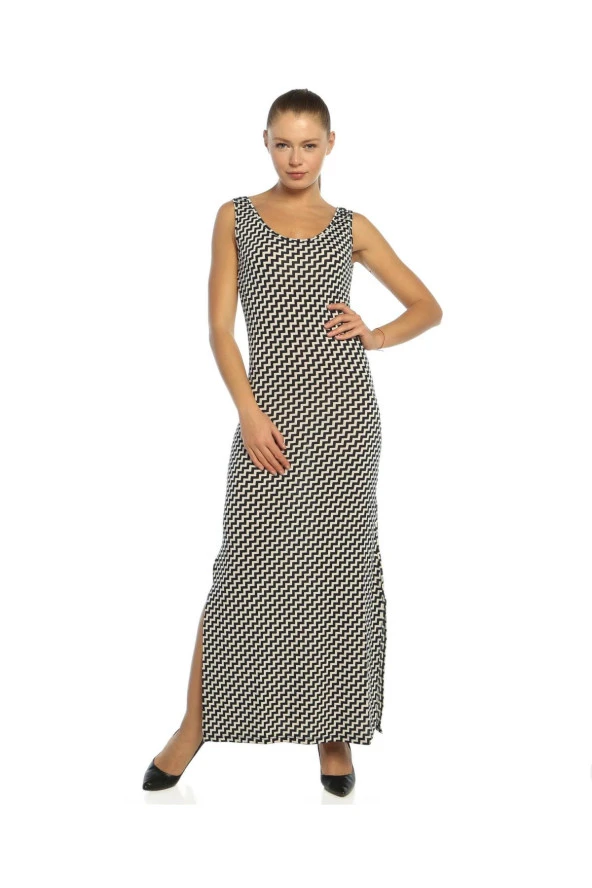 Yaz051 Lacivert -1 - Lacivert Çapraz Çizgi Desenli Uzun Elbise