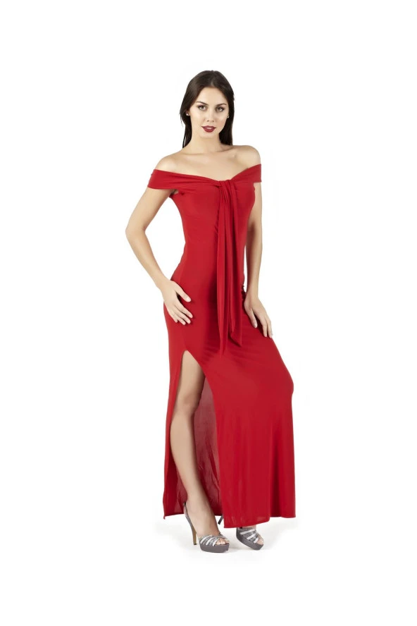 myra10009 Kırmızı Omuzu Açık Elbise