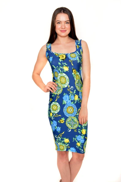 YazTOP007 -1 - Mavi Kolsuz Diz Boyu Elbise