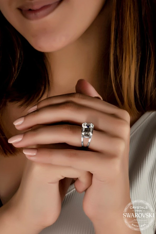 Swarovski Crystal Kadın Beyaz Düz Baget Gümüş Yüzük