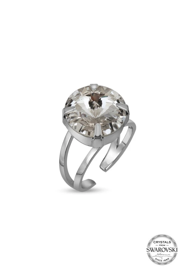 Swarovski Crystal Kadın Beyaz Yuvarlak Gümüş Yüzük - 2