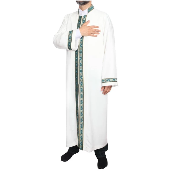 İmam Cübbesi Kemik - Biyeli Turkuaz Bordürlü - 5