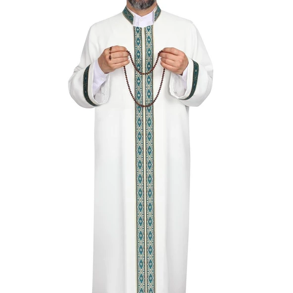 İmam Cübbesi Kemik - Biyeli Turkuaz Bordürlü - 8