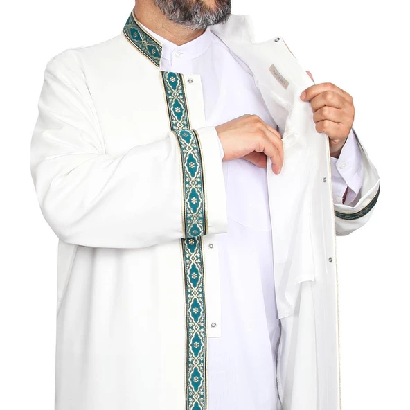 İmam Cübbesi Kemik - Biyeli Turkuaz Bordürlü - 2