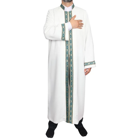 İmam Cübbesi Kemik - Biyeli Turkuaz Bordürlü - 6