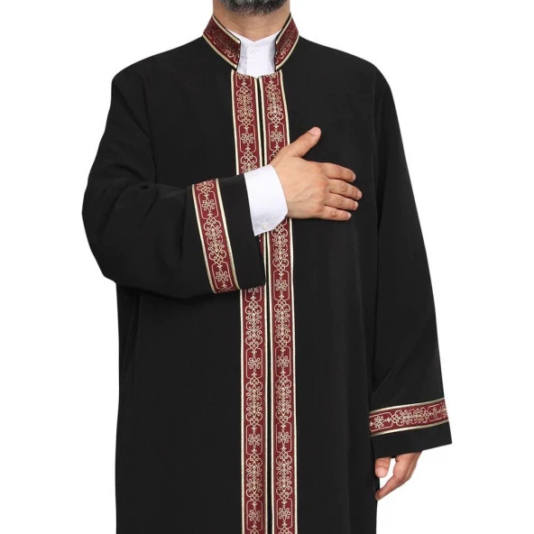 İmam Cübbesi Siyah - Biyeli Bordo Bordürlü