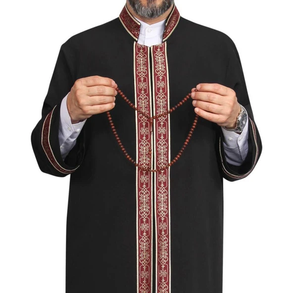İmam Cübbesi Siyah - Biyeli Bordo Bordürlü - 2