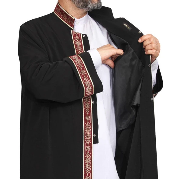 İmam Cübbesi Siyah - Biyeli Bordo Bordürlü - 3