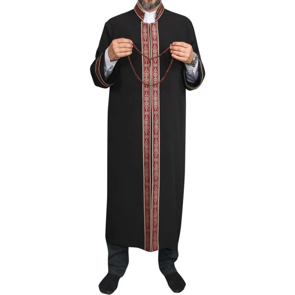 İmam Cübbesi Siyah - Biyeli Bordo Bordürlü - 4