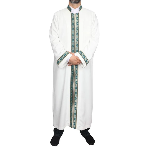 İmam Cübbesi Kemik - Biyeli Turkuaz Bordürlü - 4