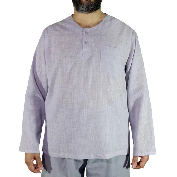 Yakasız Keten Gömlek Gri