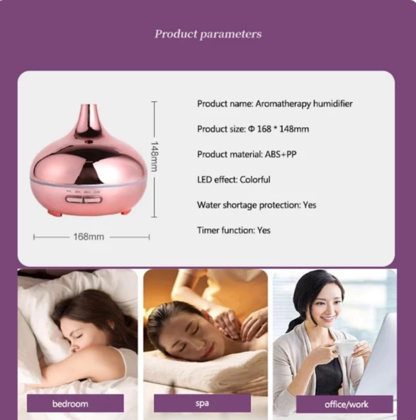 Aroma Difüzör Hava Nemlendirici Parlak RoseGold Kaplama Kumandalı Buhar Makinesi 550ml - 3