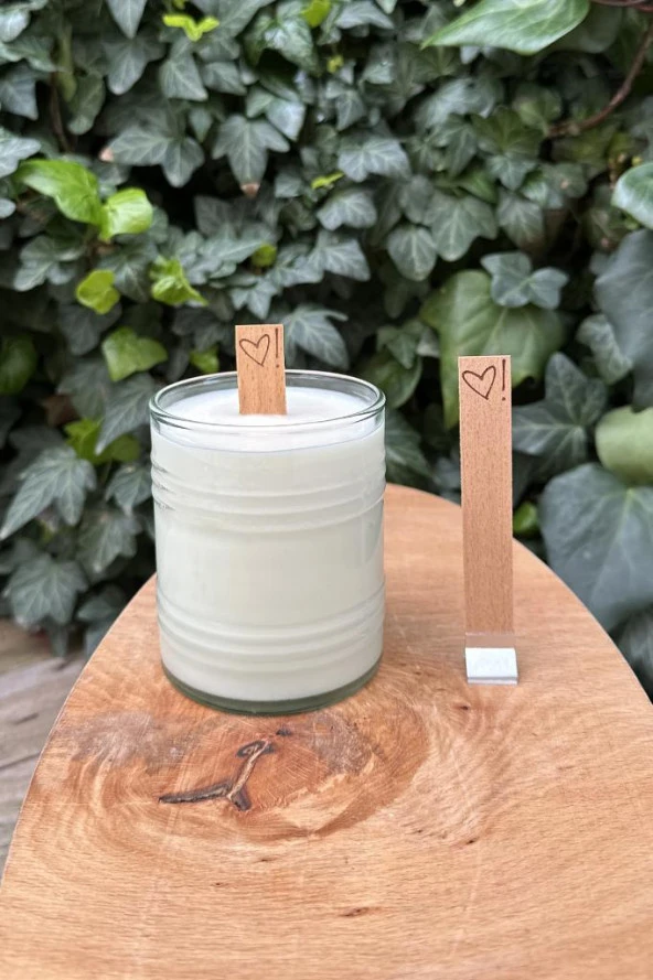 Ahşap Düz Model 15mm en x 100mm boy x 0,5mm kalınlık KALP ÜNLEM DESENLİ Mum Fitili + Sehpa   ( 10 Adet ) ürün görseli 1