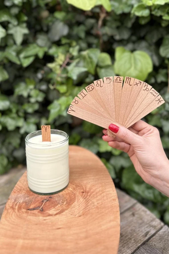 Ahşap Düz Model 15mm en x 100mm boy x 0,5mm kalınlık 12 BURÇ (MODEL-2) DESENLİ Mum Fitili + Sehpa - Resim 3