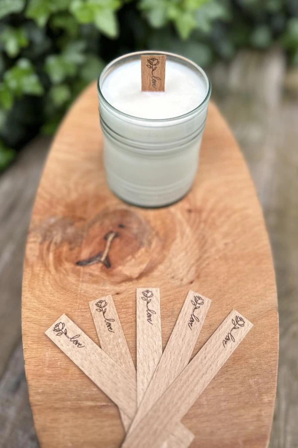 Ahşap Düz Model 15mm en x 100mm boy x 0,5mm kalınlık GÜL LOVE DESENLİ Mum Fitili + Sehpa ( 10 Adet ) - Resim 2