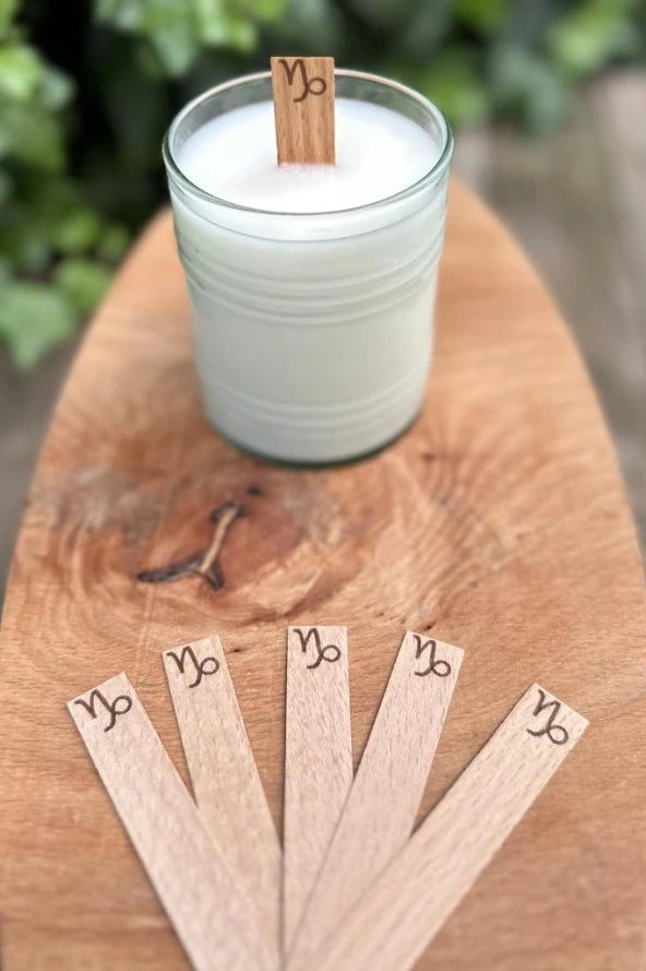 Ahşap Düz Model 15mm en x 100mm boy x 0,5mm kalınlık OĞLAK BURCU (MODEL-2) DESENLİ Mum Fitili + Sehpa - Resim 5