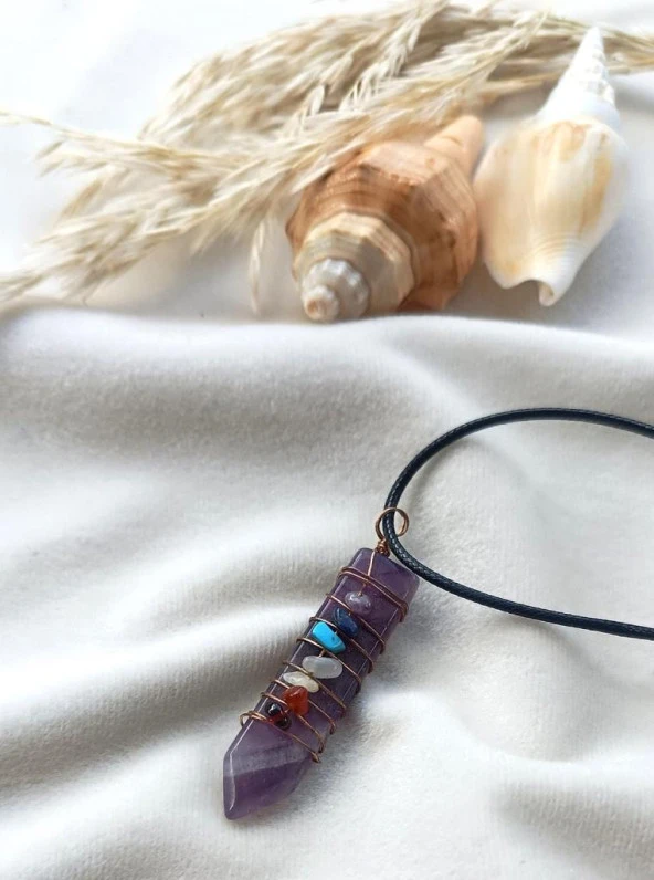 Kolye Gerdanlık Çakra Yoga Reiki Doğal Ametis Tel Sarma Karışık Taş - 2