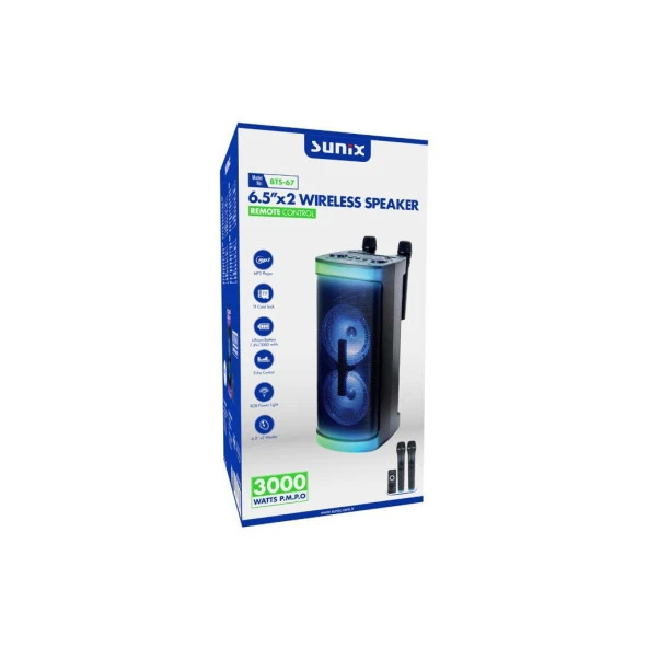 Sunix 3000 Mah Çift Miktofonlu 6.5"x2 İnç Led Işıklı Bluetooth Hoparlör BTS-67 - 3