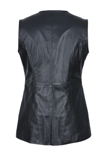 Düğmeli Kadın Deri Yelek - 6