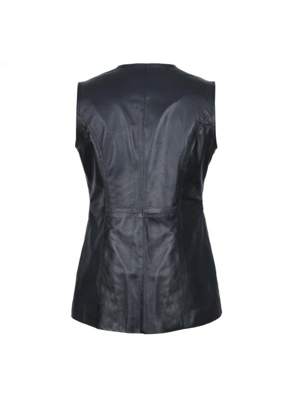 Düğmeli Kadın Deri Yelek - 3