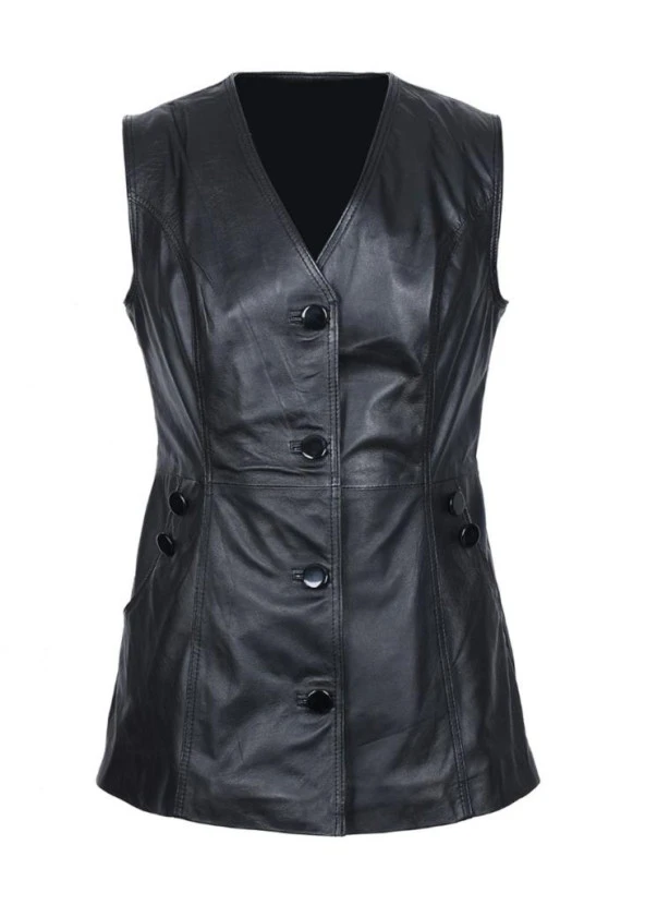 Düğmeli Kadın Deri Yelek - 4