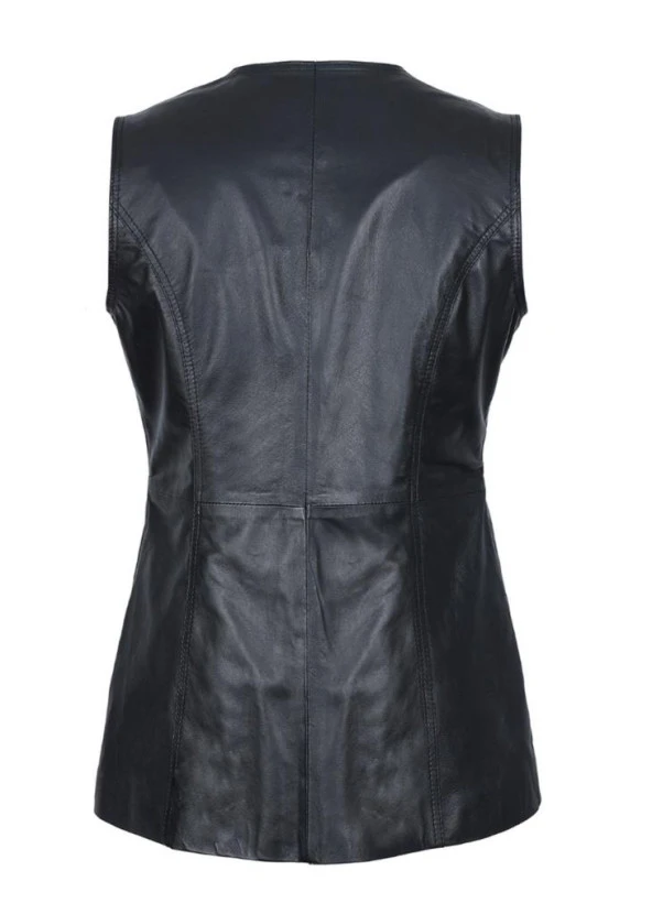 Düğmeli Kadın Deri Yelek - 5