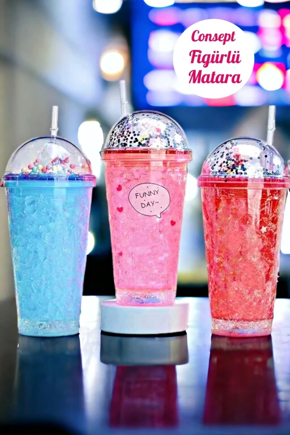 Renkli Figürlü Conspet Matara Suluk Su Şişesi Pipetli Parti Eğlence Kokteyl Bardağı Milk Shake Stil