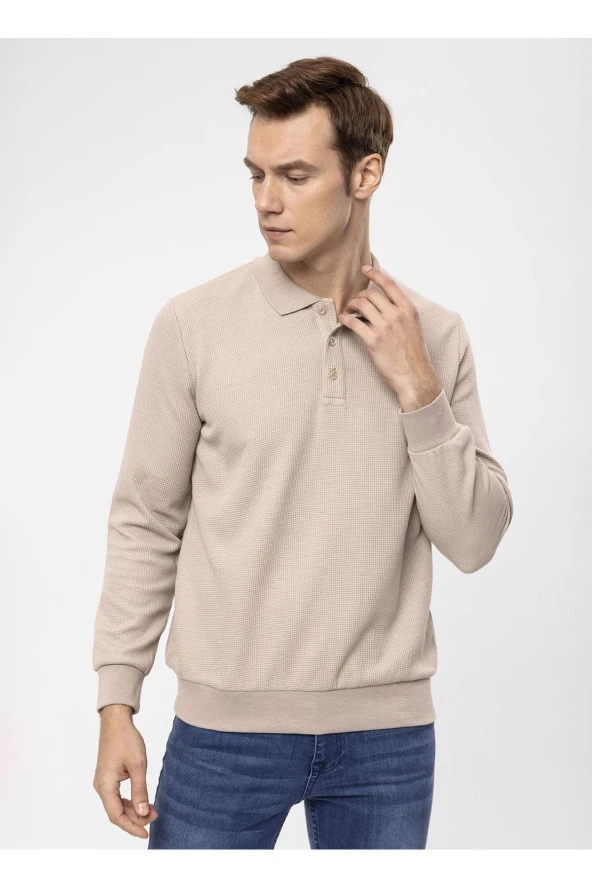 Süvari Polo Yaka Regular Fit Armürlü Bej Erkek Kazak TR2013700314 - 3