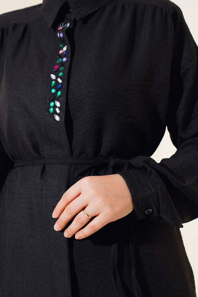 Taş İşlemeli Keten İkili Takım Siyah - Resim 4