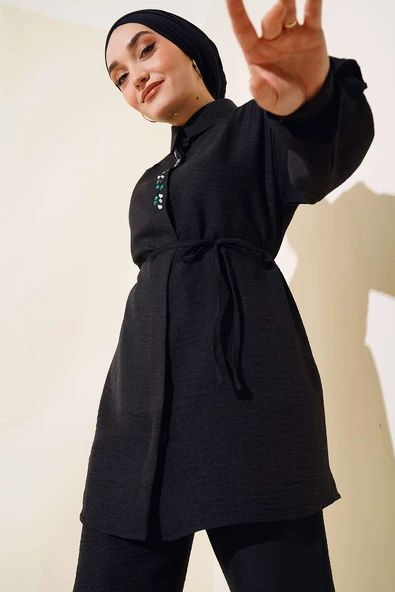 Taş İşlemeli Keten İkili Takım Siyah - Resim 2