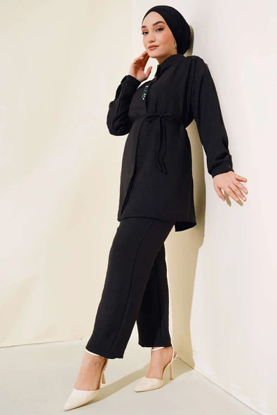 Taş İşlemeli Keten İkili Takım Siyah ürün görseli 1