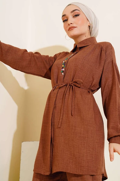 Taş İşlemeli Keten İkili Takım Kahve - Resim 2