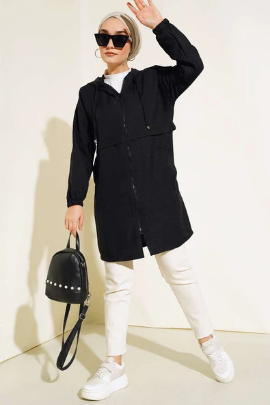 Araboy Kapşonlu Keten Kap Siyah - 2