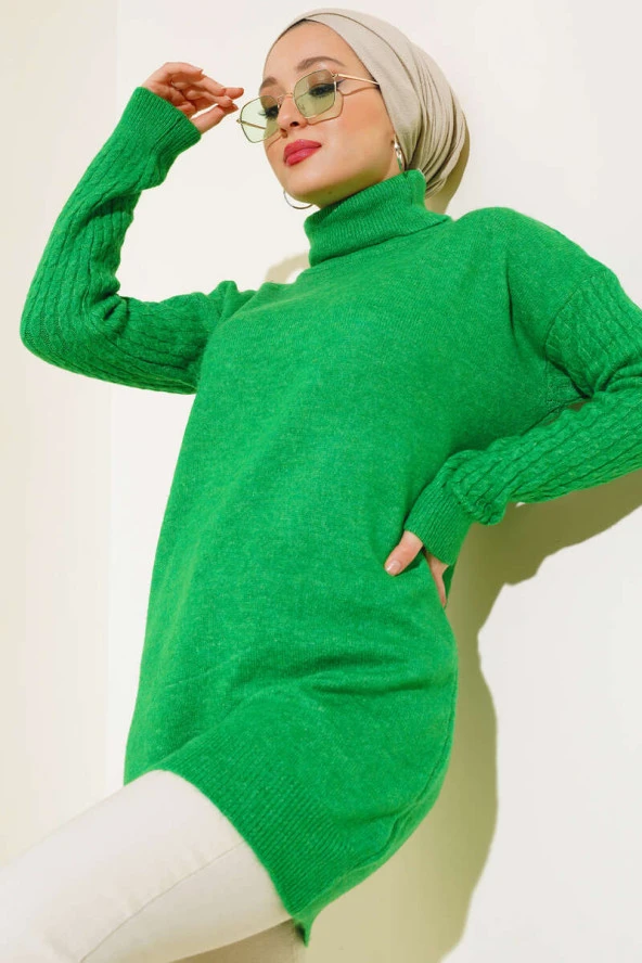 Boğazlı Triko Elbise Yeşil