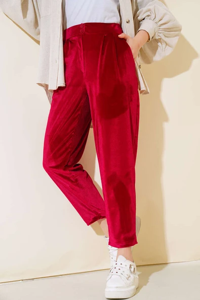 Düğmeli Kadife Pantolon Fuşya - Resim 2